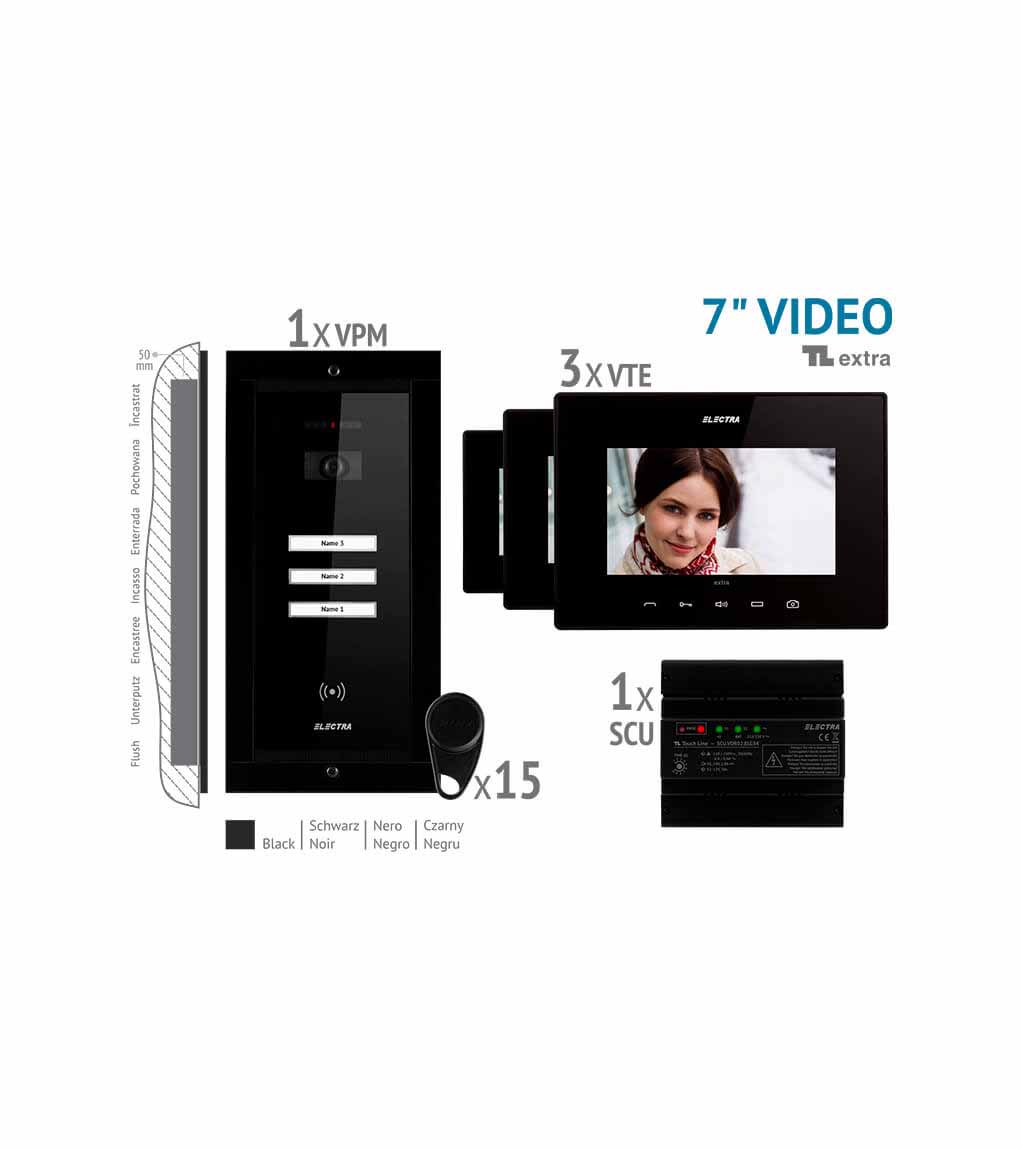 EXTRA 7” VIDEO KIT - 3 FAMILIEN,  UNTERPUTZ AUßENEINHEIT, SCHWARZ