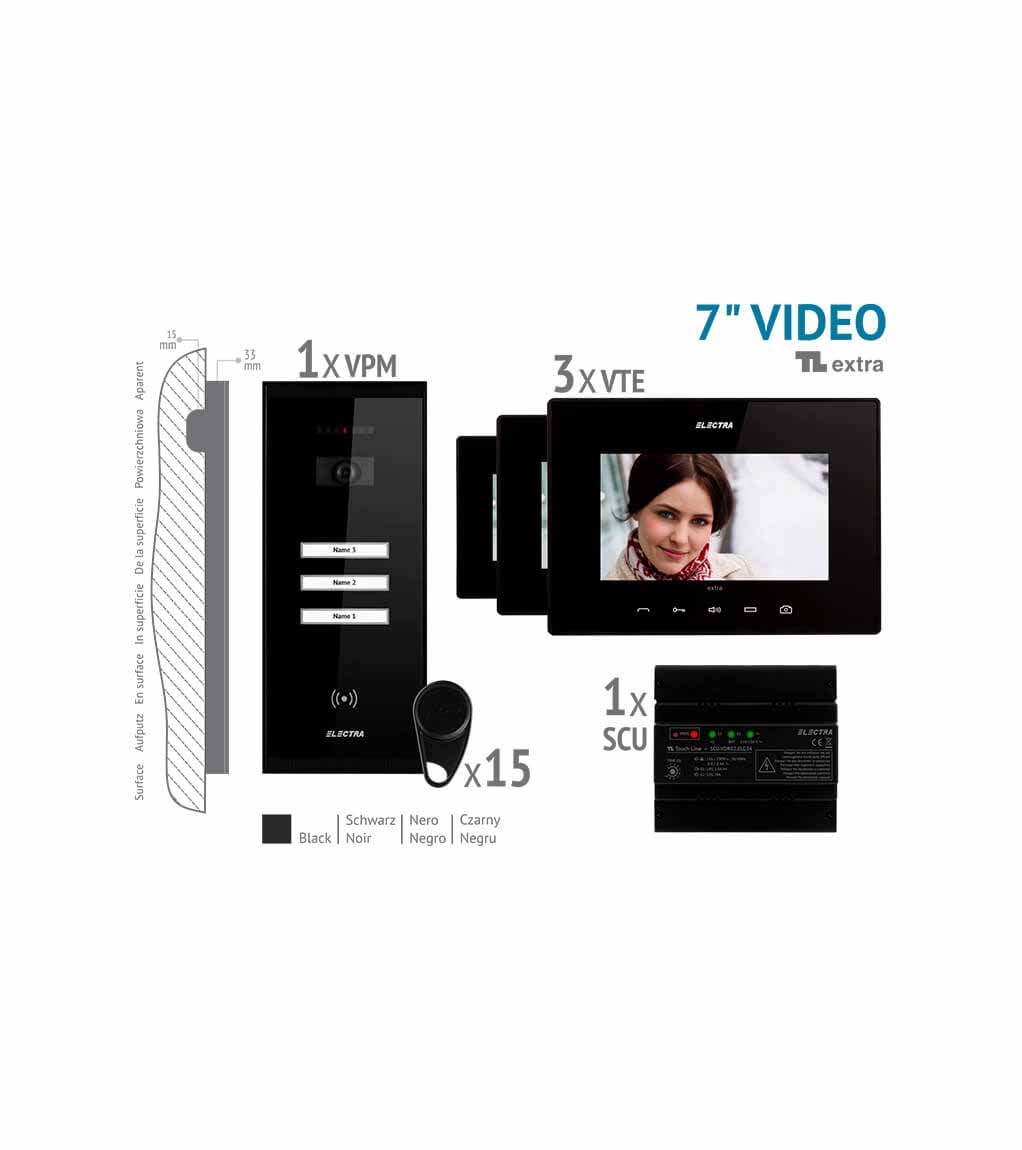 EXTRA 7” VIDEO KIT - 3 FAMILIEN,  AUFPUTZ AUßENEINHEIT, SCHWARZ